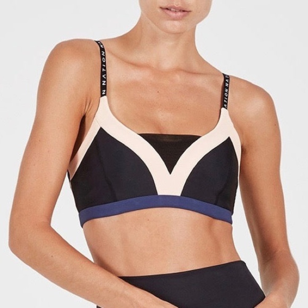 P.E. Nation Field Of Dreams Crop Sports Bra Colorblock Nude Black Blue Mesh
